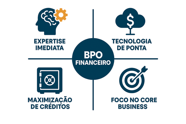 Infográfico detalhando os benefícios do BPO financeiro na transição da reforma tributária: expertise, tecnologia, maximização de créditos e foco no negócio.