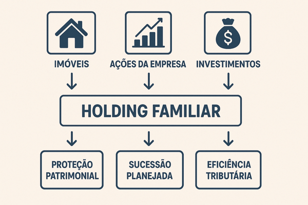 Infográfico explicando o funcionamento de uma holding familiar para proteção patrimonial, planejamento sucessório e eficiência tributária.