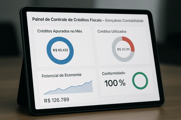 Exemplo de um dashboard de controle de créditos fiscais, demonstrando a visibilidade e a gestão oferecidas pela Gonçalves Contabilidade.