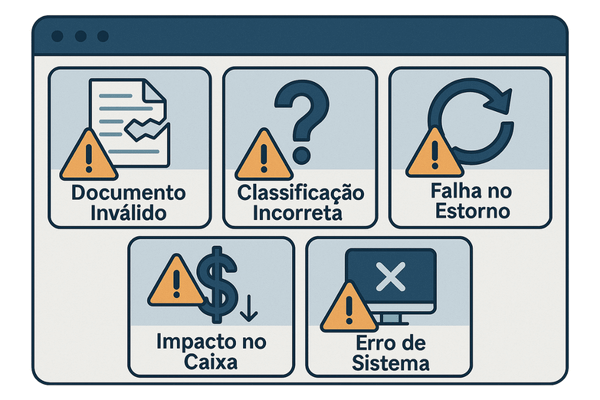 Painel com ícones de alerta representando os 5 maiores desafios na gestão de créditos IBS e CBS: validação, classificação, estornos, fluxo de caixa e sistemas.