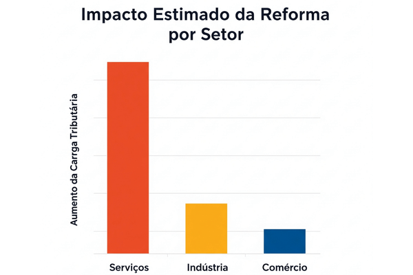 Gráfico mostrando o impacto estimado da Reforma Tributária nos setores de serviços, indústria e comércio.