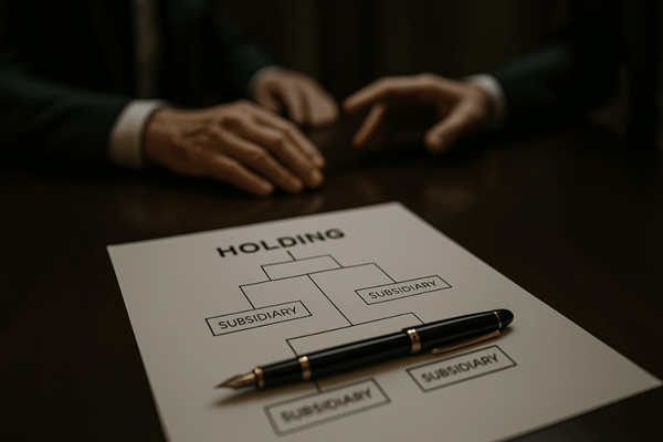 Imagem conceitual de sucessão e legado, com um plano de holding familiar sobre uma mesa, representando o planejamento estratégico.