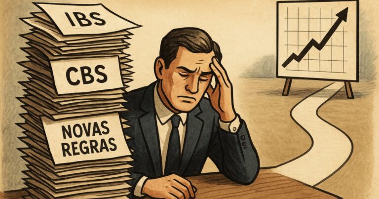 Ilustração mostrando como a complexidade da reforma tributária pode sobrecarregar um gestor e como o BPO financeiro oferece um caminho claro.