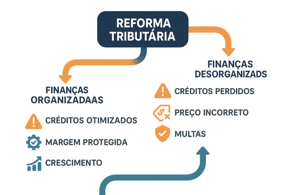 Infográfico mostrando as consequências negativas da desorganização e os benefícios da organização financeira diante da reforma tributária.