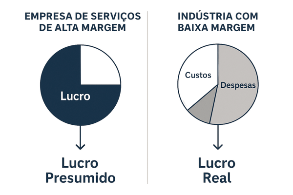 Infográfico comparando o perfil de empresa ideal para Lucro Real e Lucro Presumido com base na margem de lucro.