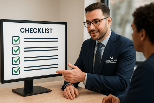 Especialista da Gonçalves Contabilidade apresentando o checklist de prontidão para a reforma tributária a um cliente.