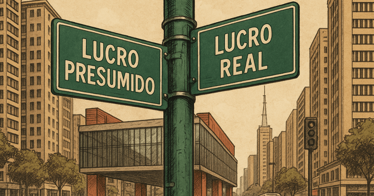 Ilustração de uma encruzilhada em São Paulo, simbolizando a escolha entre Lucro Real ou Presumido para empresas.