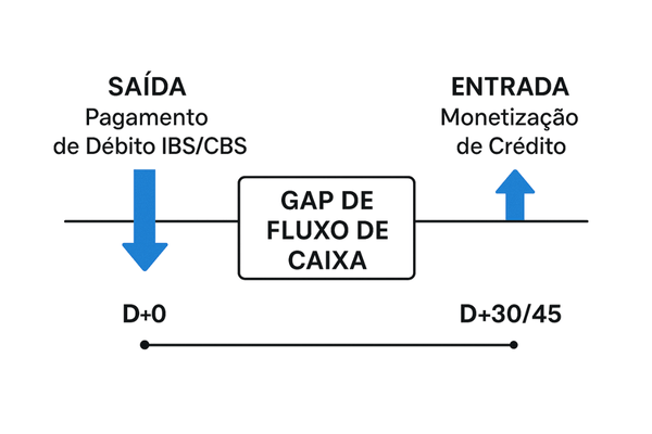 Infográfico explicando o conceito de gap de fluxo de caixa gerado pelo descasamento entre débitos e créditos de IBS e CBS.