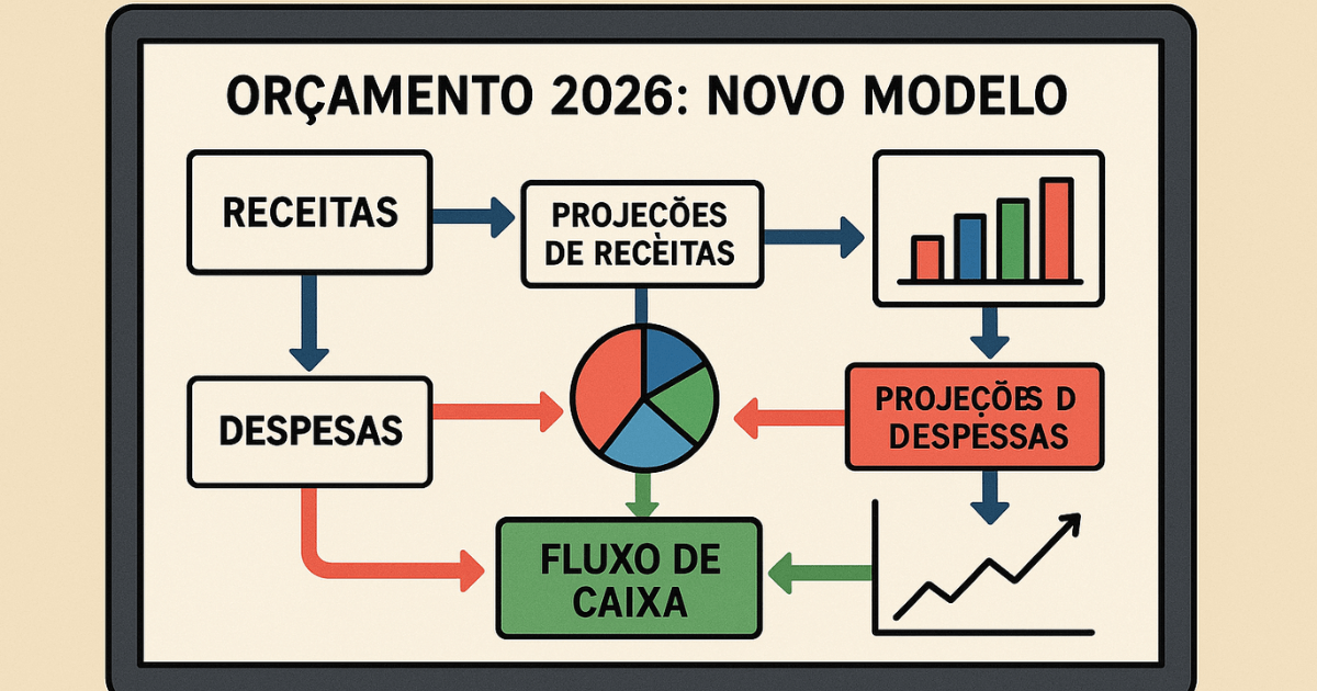 Diagrama ilustrando a complexidade da modelagem financeira para o planejamento orçamentário de 2026 com a reforma tributária.