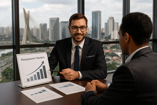 Consultor da Gonçalves Contabilidade em reunião de planejamento tributário com cliente em São Paulo.