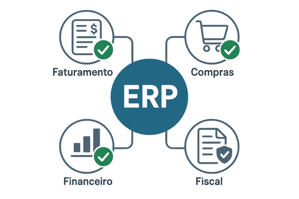 Infográfico mostrando a integração e prontidão do sistema ERP e seus módulos para a reforma tributária.