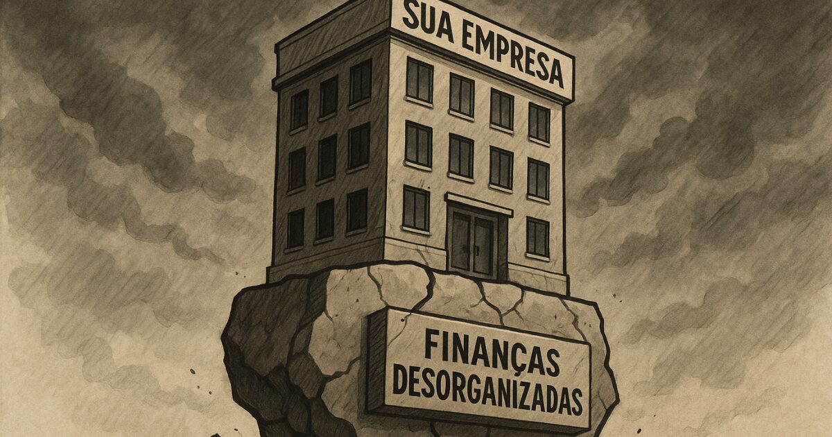 Ilustração mostrando o risco da desorganização financeira como uma fundação rachada para uma empresa que enfrentará a reforma tributária.
