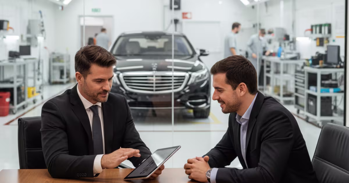 Consultor da Gonçalves Contabilidade em reunião estratégica com empresário do setor de blindagem de veículos em São Paulo.