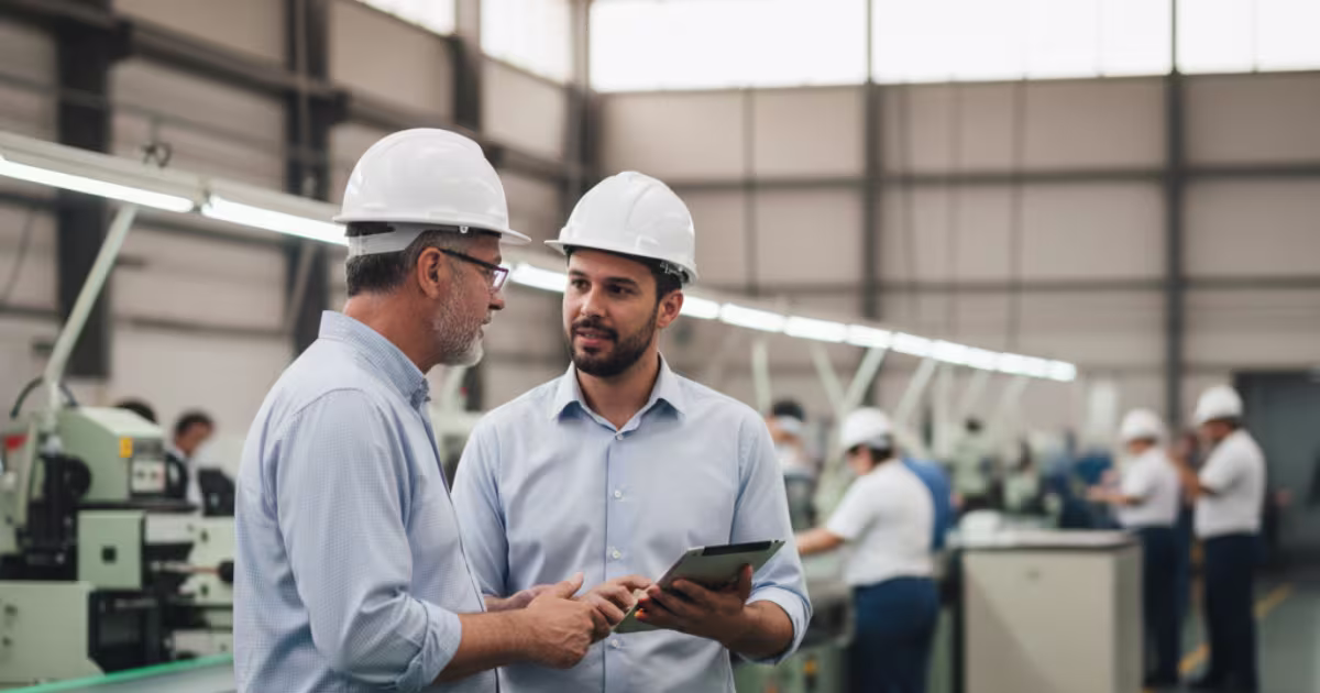 Consultor da Gonçalves Contabilidade em parceria com empresário no chão de fábrica de uma indústria na Zona Leste de São Paulo.