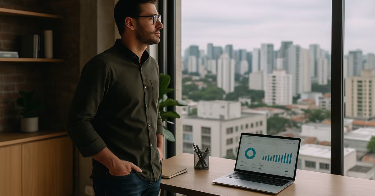 Empresário focado na estratégia do negócio em São Paulo, com a tranquilidade de ter seu financeiro cuidado por um BPO.