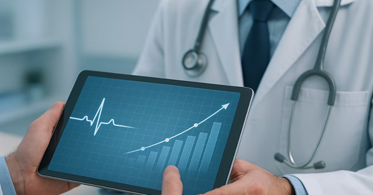 Mãos de gestor da área da saúde analisando gráficos financeiros e de saúde em um tablet, representando a nova gestão no setor.