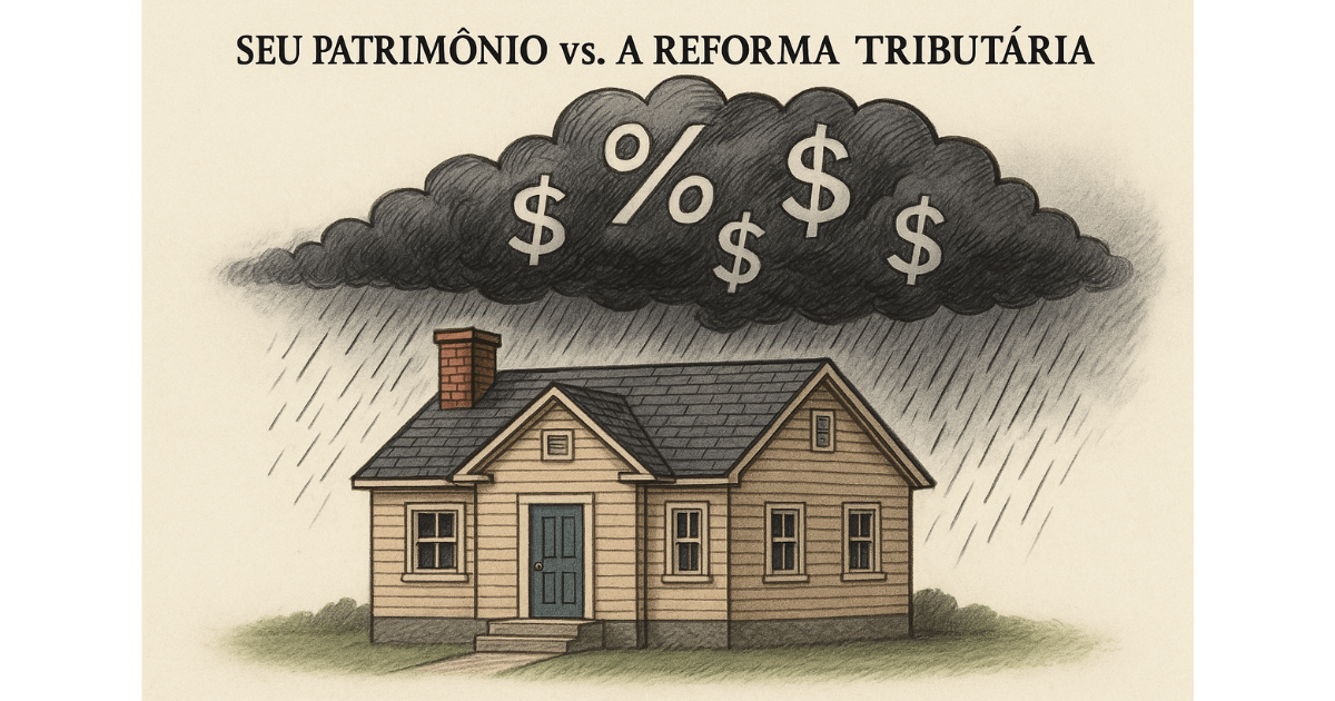 Ilustração mostrando a ameaça da reforma tributária ao patrimônio imobiliário de quem vive de aluguel.