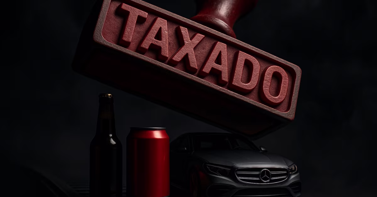 Carimbo vermelho com a palavra "TAXADO" prestes a atingir produtos da indústria, simbolizando o impacto do Imposto Seletivo da Reforma Tributária.