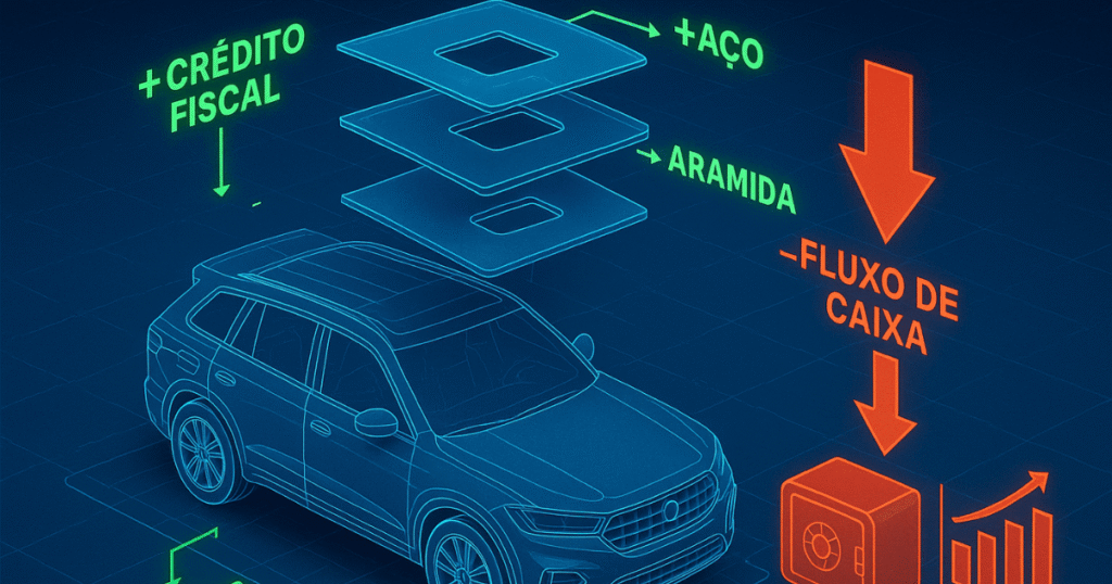 Infográfico explicando os impactos da Reforma Tributária em créditos fiscais e fluxo de caixa para blindadoras de veículos.