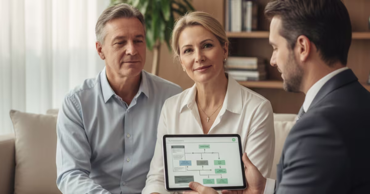 Casal em reunião de planejamento sucessório com um consultor da Gonçalves Contabilidade, demonstrando a tranquilidade que uma Holding Familiar proporciona.
