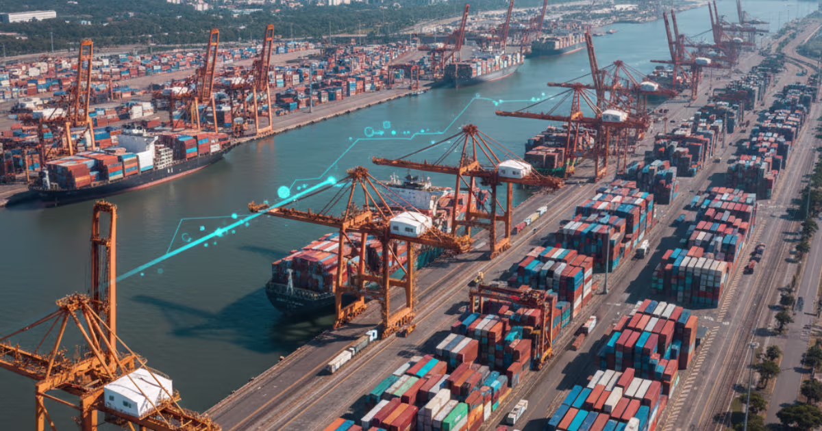 Vista aérea do Porto de Santos, principal hub para empresas de importação e exportação em São Paulo.