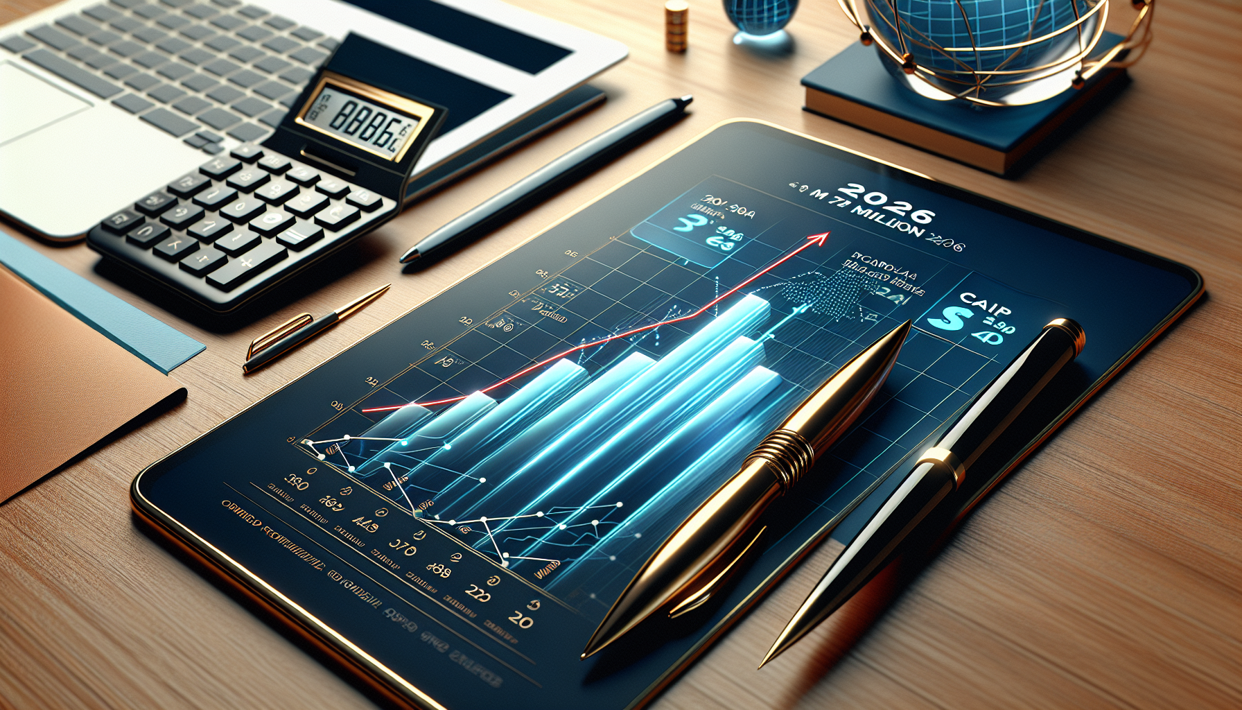 Calculadora e calendário de 2026 mostrando o cálculo do limite de faturamento do Lucro Presumido.
