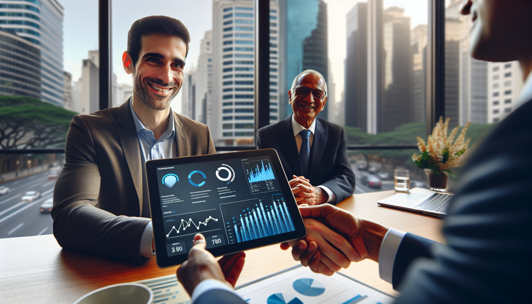 Empresário e contador consultivo em São Paulo apertam as mãos após análise de dashboard de lucratividade (B.I.).