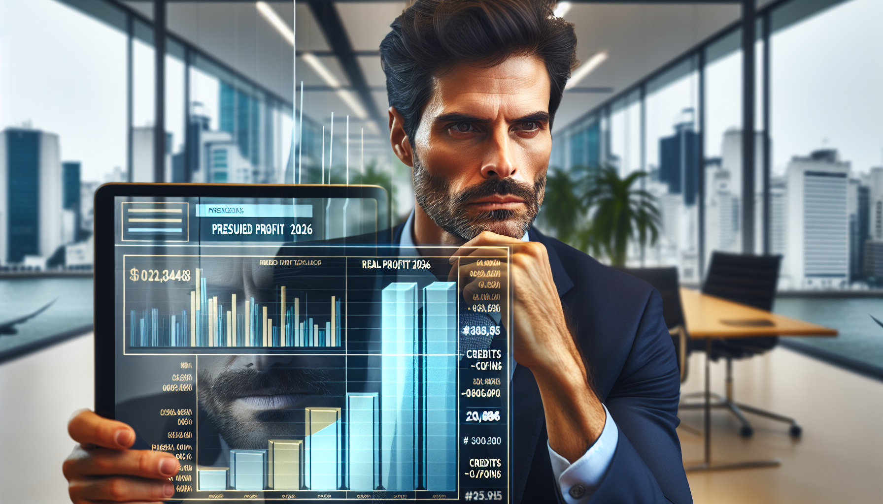 Empresário de empresa de serviço em SP decide entre Lucro Real vs Lucro Presumido para 2026 em tablet.