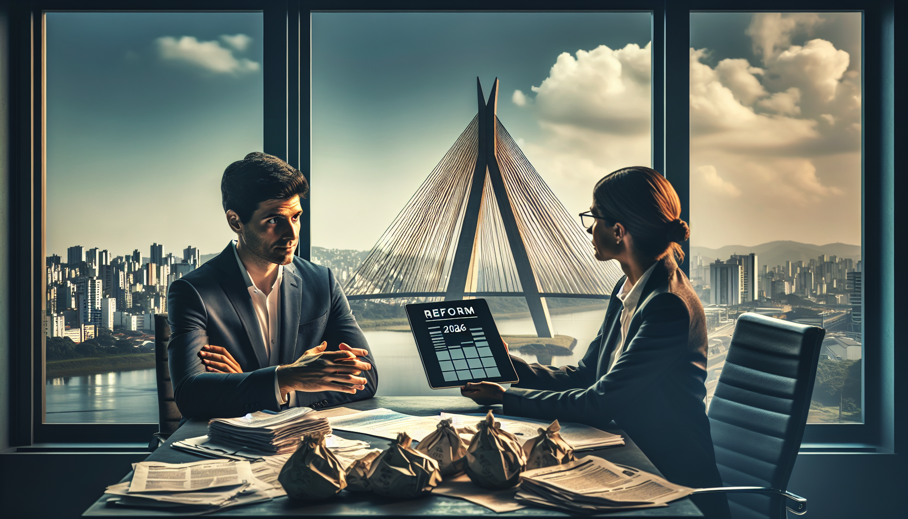 Contador consultor explicando o Guia da Reforma Tributária 2026 para empresário de PME em São Paulo.