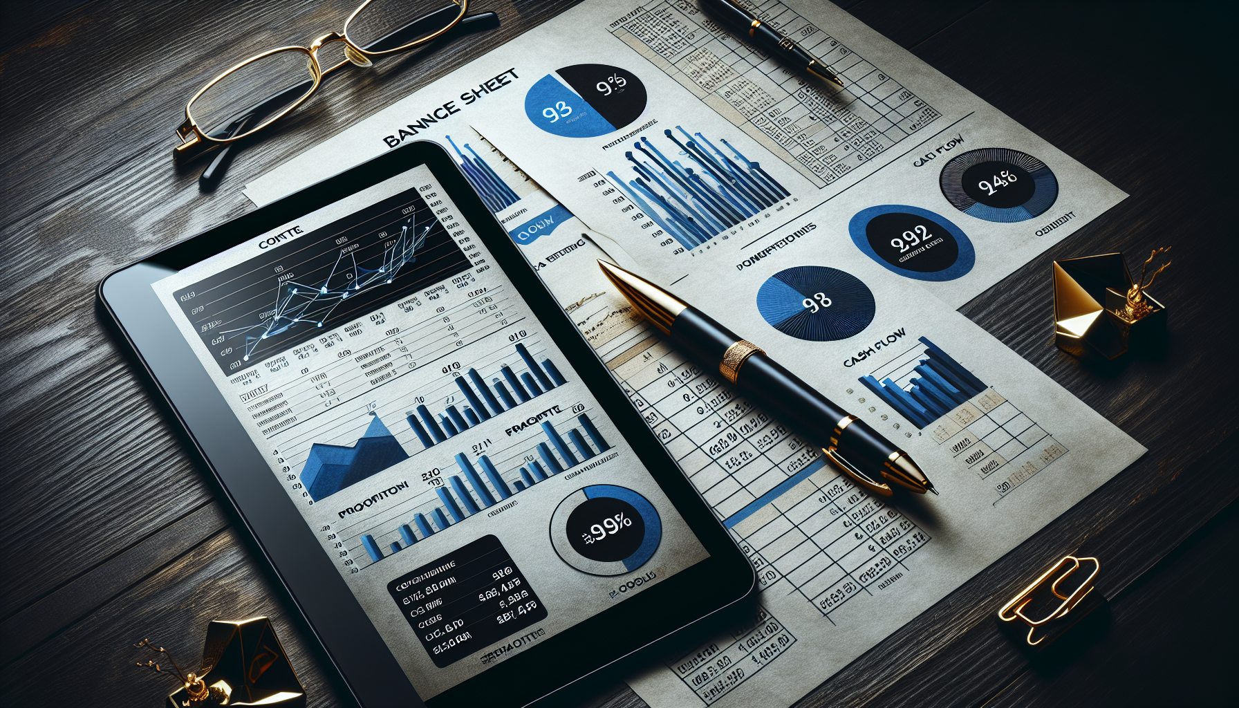 Comparativo entre um balanço fiscal e relatórios gerenciais em um tablet, mostrando a clareza da contabilidade consultiva.