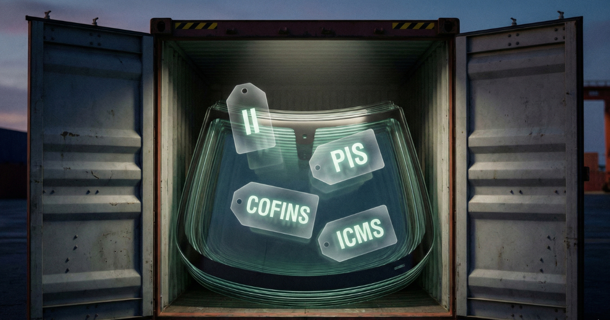 Container com vidros balísticos importados ilustrando os custos ocultos de nacionalização e impostos.