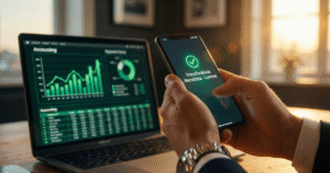 Notificação de distribuição de lucros isenta no celular de empresário, com contabilidade ao fundo.