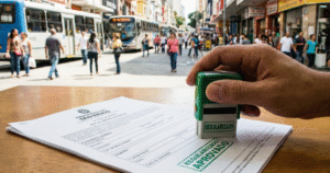 Documento de empresa regularizado com carimbo de aprovado, fundo urbano da Zona Leste de SP.