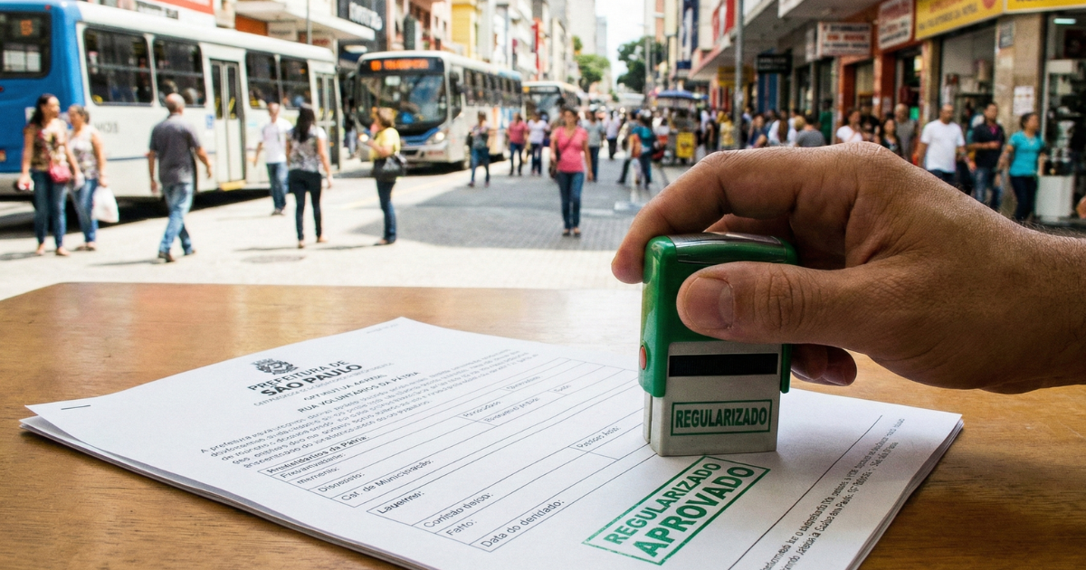 Documento de empresa regularizado com carimbo de aprovado, fundo urbano da Zona Leste de SP.