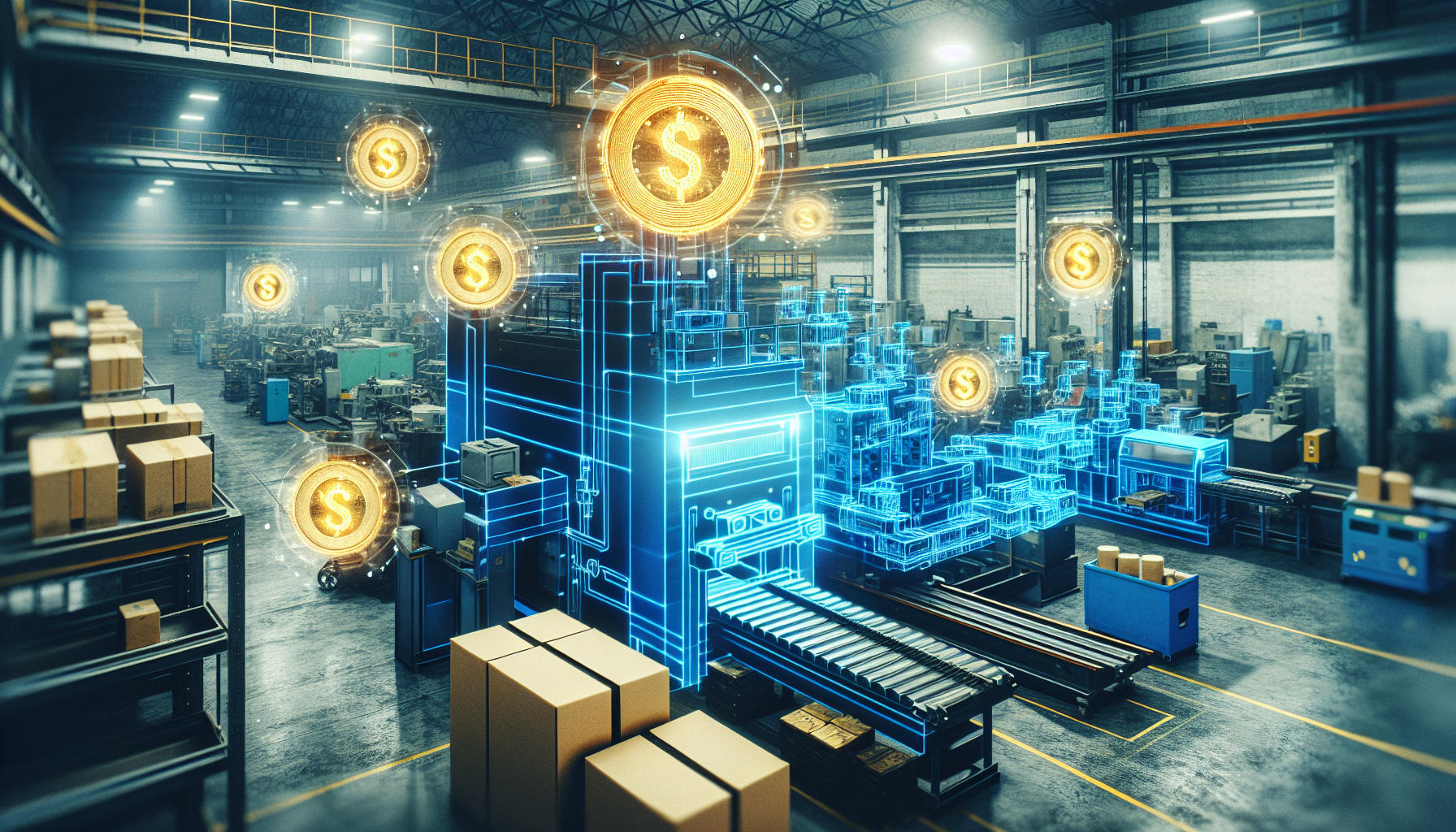 Fábrica em São Paulo com ilustração de créditos tributários recuperáveis sobre máquinas e estoque.