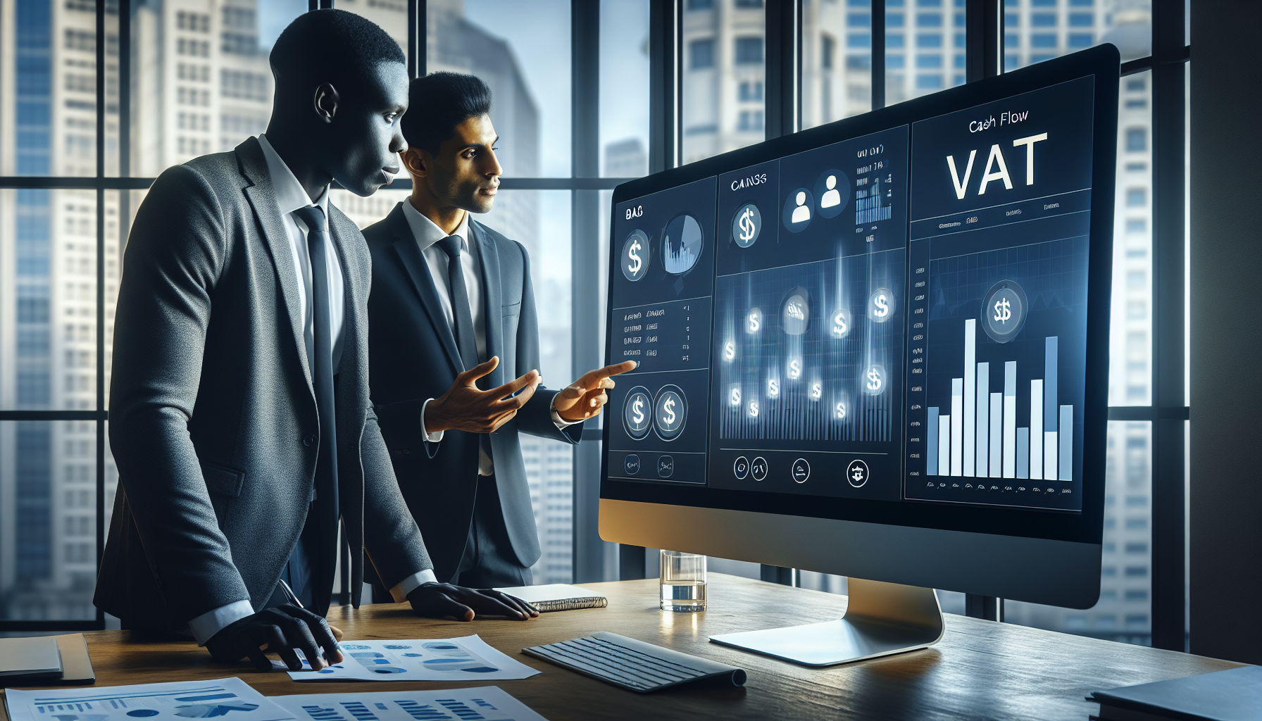 Especialistas em BPO Financeiro em São Paulo analisando gráficos para a transição do IVA 2026.