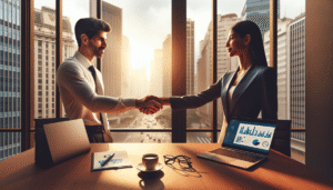 Reunião estratégica de contabilidade consultiva em São Paulo com vista para o centro financeiro.