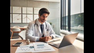 Médico em São Paulo revisando planejamento tributário com contador especializado em contabilidade para médicos